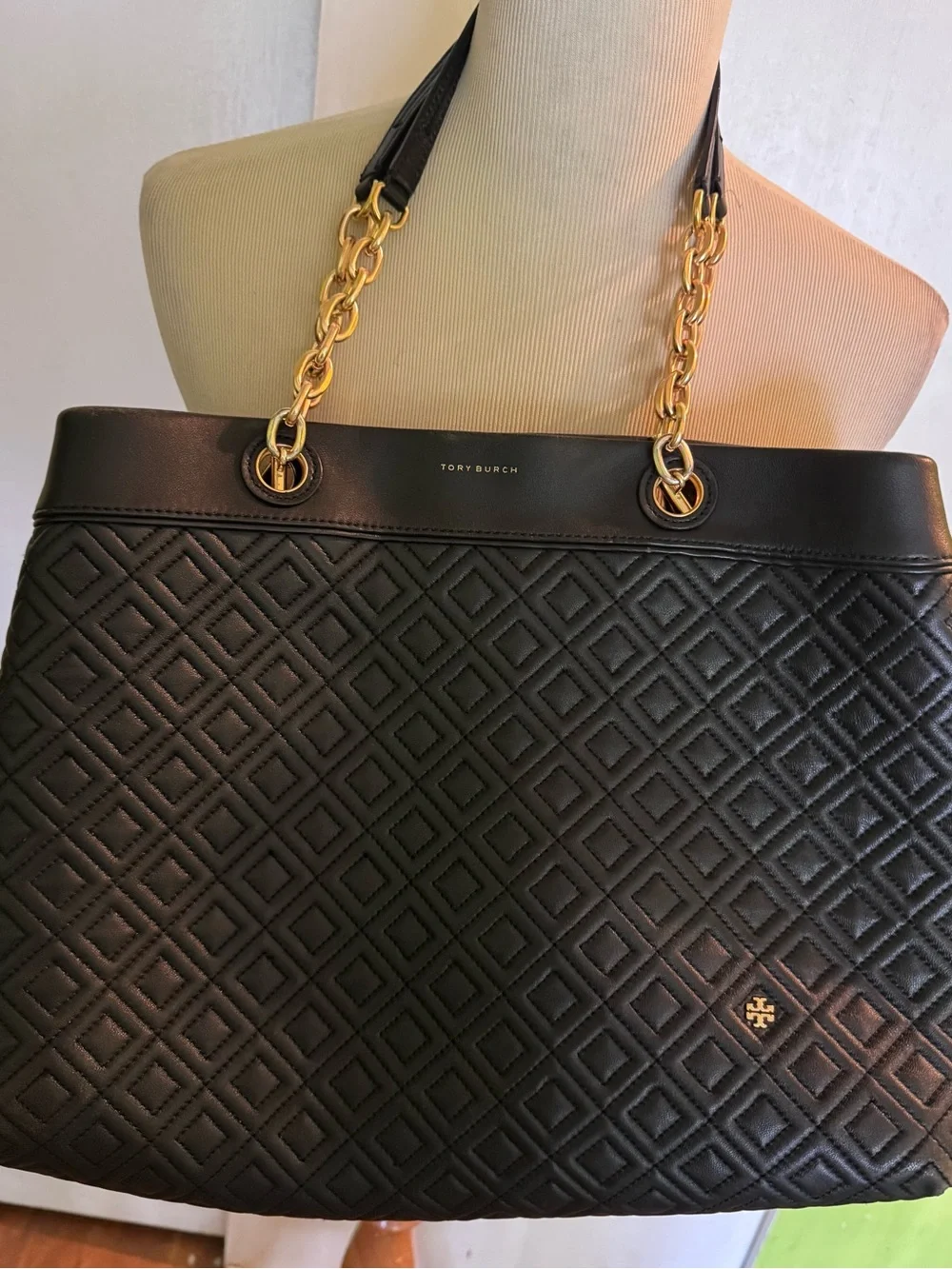 Tory Burch Black Fleming Quilted Leather Tote with Gold Chain Handles